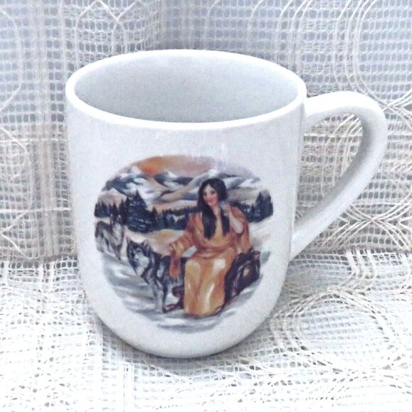 White Ceramic Coffee Mug with Serenity Prayer and Native American Girl Handmade - Picture 1 of 8